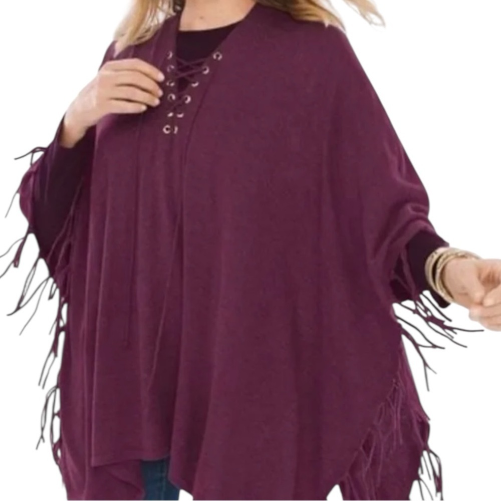 CHICOS PURPLE LACE-UP FRINGE PONCHO ONE SIZE EUC